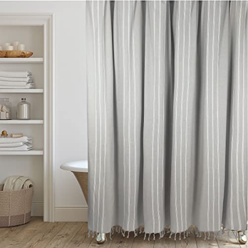 Hall & Perry Modern Transitional Grey Stripe Shower Curtain With Tassels Combo - Vertical Grey Lines Striped 100% Cotton, 72" X 72"- Includes Curtain, Liner, And Black Hooks #TOP6
