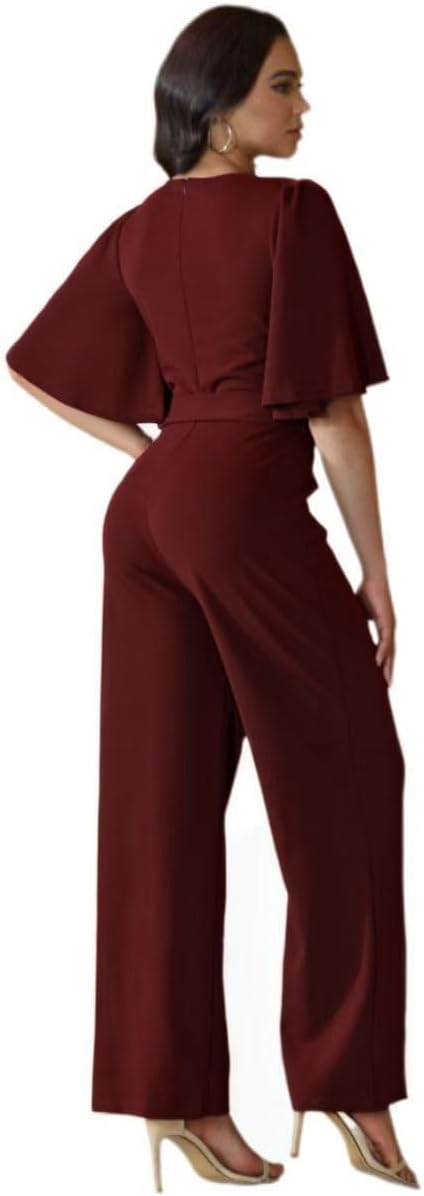 Women's One Piece Jumpsuits Casual Neck Dressy Batwing Short Sleeve Wide Leg Elegant Ladies Jumpsuit Rompers