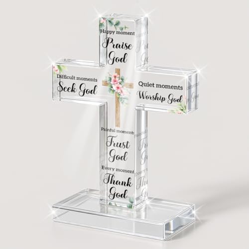 PVOPVO Cross Christian Gifts, Christian Bible Verse Artwork Inspirational Religious Gifts Decor for Mom Sister Floral Bible Verse Desk God Decor Knick Knacks