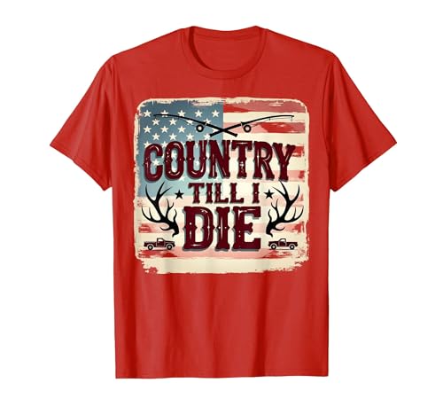 Redneck Country Till I Die Patriotic Fishing Hunting Pride T-Shirt, Men, Red, Large