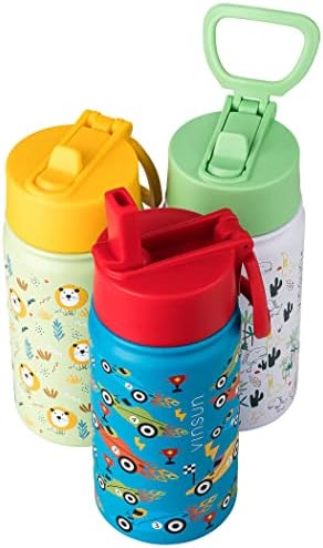 VINSUN Kids Water Bottles Green 350ml with Straw - Leak-proof, Stainless Steel, BPA free - Insulated Drinks Bottle with Lions for School, Sport