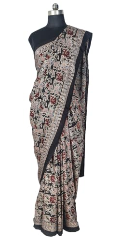 Image of Ethnics of Kutch Womenss Ajrakh Modal Silk Natural Dye Hand Block Print Saree with Blouse Piece - 5.5 Mtr Length (Black 03601D)