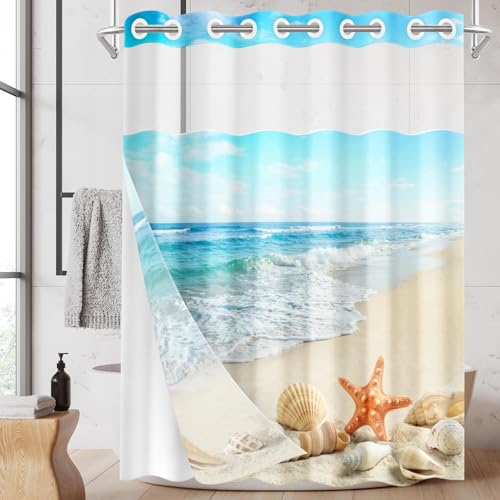 Nesphy No Hook Shower Curtain with Snap in Liner 71x74 Inch Beach Starfish