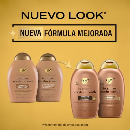 OGX Ever Straightening + Brazilian Keratin Smooth Shampoo y Conditioner, set de champú y acondicionador alisador con keratina, sin sulfatos, para pelo rizado, 2x385 ml - imagen 2