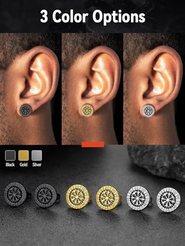 FaithHeart Viking Runes Stud Earrings for Men Silver/Black/Gold Stainless Steel Lightweight Earrings Retro Norse Mythology Jewelry with Gift Box4