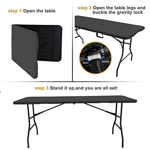 Douki 6 Ft Rectangular Black Plastic Folding Table #TOP5