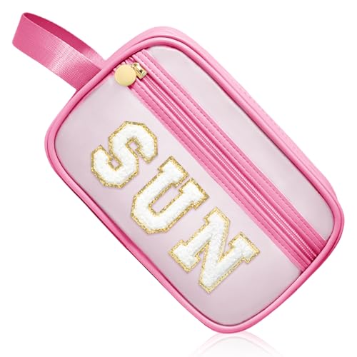 Image of COSHAYSOO Clear Sunscreen Bag Makeup Toiletries Pouch Beach Vacation Essentials Summer Travel Stuff Accessories Personalized Graduation Gifts for Her Women College Teen Girls Teacher Nurse Pink SUN