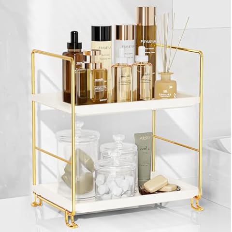 FSyueyun 2-Tier Bathroom Countertop Organizer, Tool-Less Installation Premium Plastics Makeup Shelf Organizer Perfume Skincare for Dresser Vanity Tray Organizers and Storage (Gold) Cover
