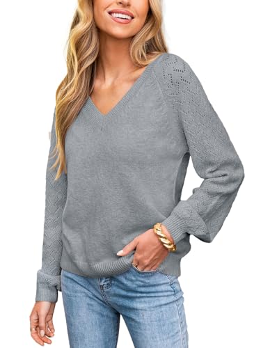 Image of CUPSHE Womens Sweaters V Neck Long Sleeve Lightweight Soft Crochet Casual Pullover Sweater Tops