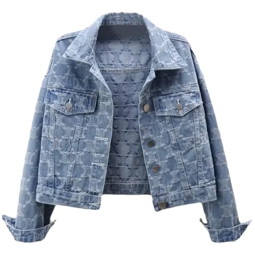 Image of Women's Printed Denim Jacket Cropped Embroidered Button Tweed Jean Coat Blue XL