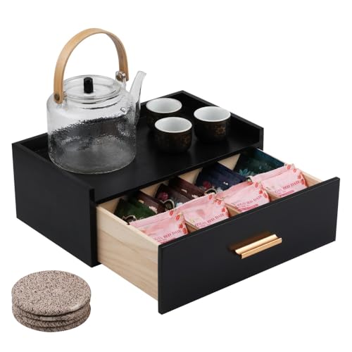 Tea Organizers and Storage Box Tea Station organizer for Countertop with 4 Cotton Woven Coasters Pine Wood Tea Bag Organizer Drawer Teabag Holder with 8 Compartments Wooden Sugar Packet Holder（Black）