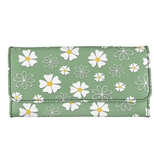 Binienty Abstract Hippie Daisy Flowy Leather Wallet for Women Slim Wallet Three Fold Clutch Purses Card Holder Organizer, Whiteand Green