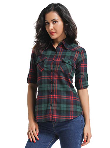 OCHENTA Women's Long Sleeve Button Down Plaid Flannel Shirt D024 Green Red M
