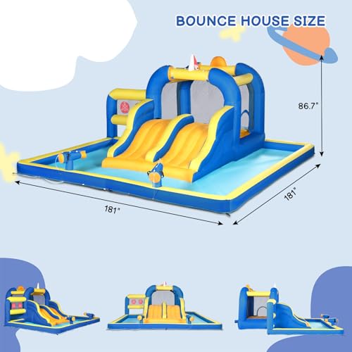 Karl home Outdoor Bouncy Castle with 450W Air Blower, Kids Bounce House with Double Water Slide, Jumping Area, Splash Pool & Basketball Rim for 3-8 Age (470x472x225cm) - Image 2