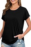 CONPEN Summer High Low Loose T Shirt for Women Basic Cotton Short Sleeve Lightweight Tops Black Medium