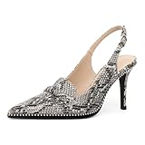 Esvowido Snakeskin Slingback Heels for Women Pointed Closed Toe Pumps High Heel Beaded 3.5 Inch Shoes Black and White Snake Print US Size 9