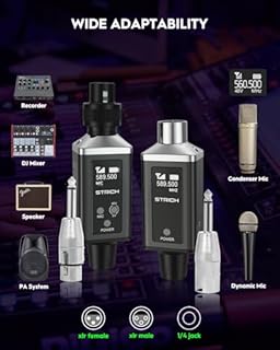STRICH M3 UHF Trasmettitore e ricevitore XLR senza fili a 16 canali, portata di 50 m, adattatore per microfono senza fili plug-in per microfoni dinamici e a condensatore, compatibile con mixer audio