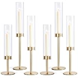 Hurricane Glas Kerzenhalter Set mit 6, Hohe Windfeste Kerzenständer mit Goldener Metallbasis, Kerzenständer für Hochzeit, Weihnachten, Esstisch, Party, Wohnkultur (Gerippt)