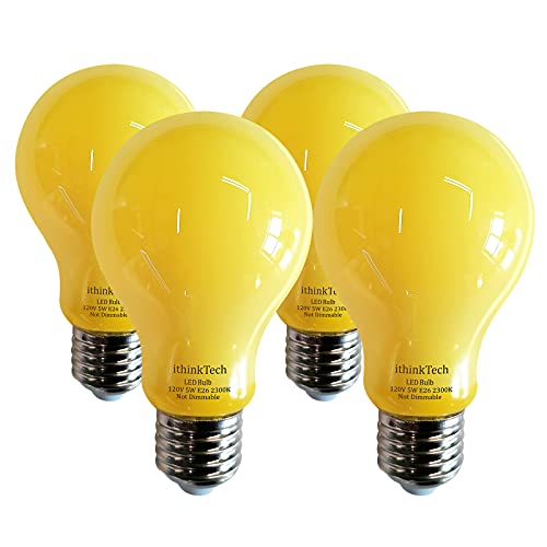 ithinkTech 4 Pack A19 LED Skeeter Repelling Light Bulbs for Outdoor Porch, Amber Bedroom Night Light Bulbs, 120V 5W E26 Light Bulbs with 2300K Warm Light, 2.5 2.5 4.3inch, Yellow