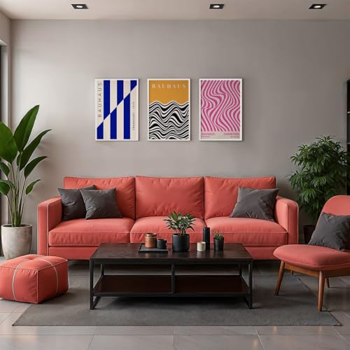 Image of SoulAbiti Geometric Shapes Series set of 3 Framed Wall Print 12x18 inch White Frame Plexi-Glass Bauhaus Art ready to hang for living room bedroom office decor