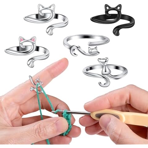 MARFOREVER 5 Pcs Crochet Rings Cat Crochet Tension Ring, Adjustable Crochet Tension Loops for Fingers Yarn Guide Knitting Crochet Accessories with Box for Mom Grandma Women Cover