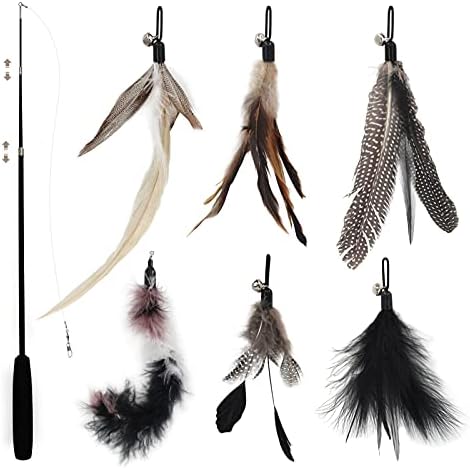 SONGWAY Interactive Cat Feather Toys - 7 Pcs Cat Toy Set, Retractable Cat Wand Toy, Teaser Refills Worm Bird Feathers with Bell, Cat Teaser Toys for Indoor Cats Kitten Play Chase Exercise, Black