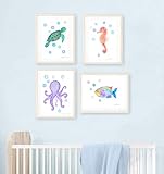 Sea art print set. Under the sea watercolor paintings. Ocean nursery decor. Sea creatures kids room art. Sea decor. Turtle, seahorse, octopus, fish art.