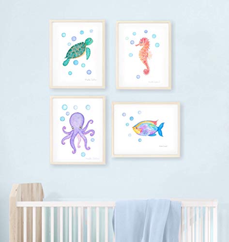 Sea art print set. Under the sea watercolor paintings. Ocean nursery decor. Sea creatures kids room art. Sea decor. Turtle, seahorse, octopus, fish art.