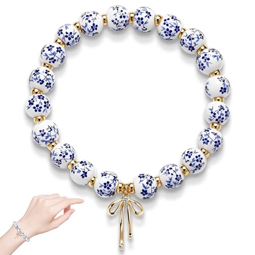 CYUXING Bracelet à breloques en perles et nœud pour femme, corde élastique extensible faite à la main, breloque en céramique dorée, motif floral, style cottage,...