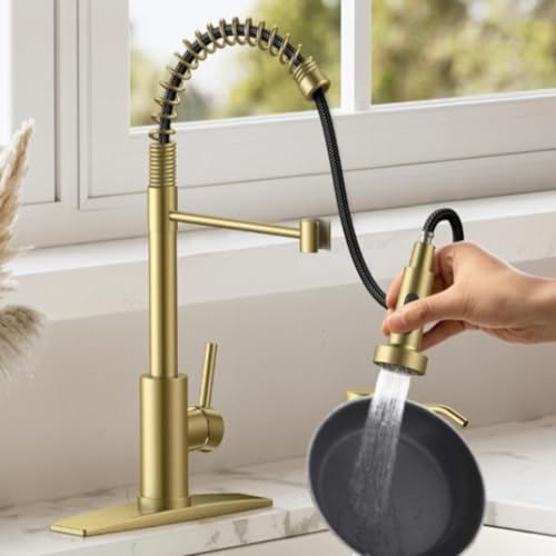 VIDEC Touch On Kitchen Faucet, 3 Modes Pull Down Sprayer, Touch On Sensor Activated, Ceramic Valve, 360-Degree Rotation, 1 or 3 Hole Deck Plate. 10-Year Warranty.(Brushed Gold, KW-62J) by VIDEC - Used condition - Image 6