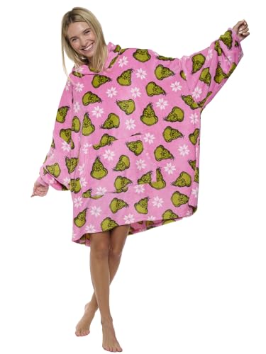 Grinch Stole Christmas Cobertor feminino de pelúcia grande com capuz vestível Dr. Seuss, rosa, P-M