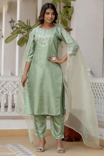 Image of VredeVogel Women's Silk Blend Embroidered Kurta with Pant & Dupatta Set