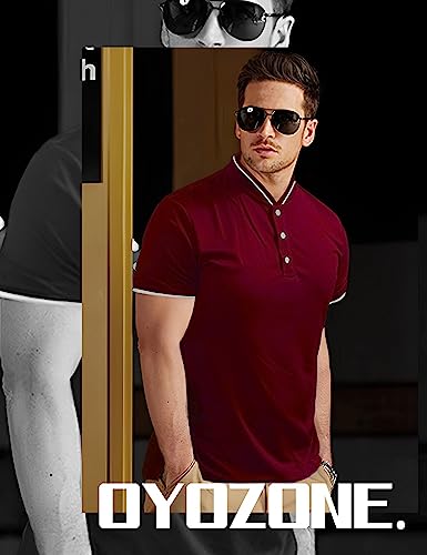 OYOZONE Men's Fashion Polo Shirts Pique Henley Collarless Shirts, Short Sleeve, Performance, Slim Fit, Cotton, Wine Red, X-Large