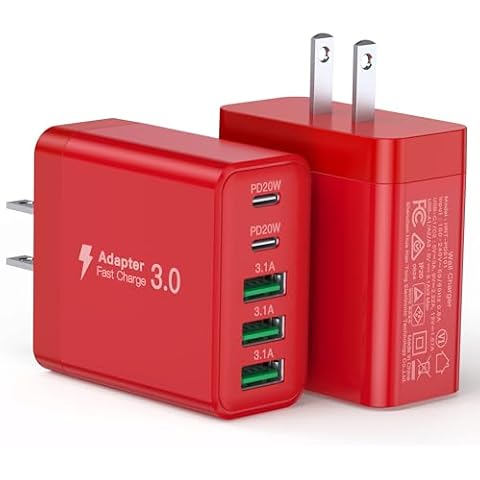USB C Charger Block, [2-Pack] 50W 5-Port USB C Wall Charger Type C Charger Fast Charging Blocks Cube, Multiple Ports Power Adapter QC Wall Plug for iPhone 16 15 14 13 12 Pro Max Galaxy Tablet, Red Cover