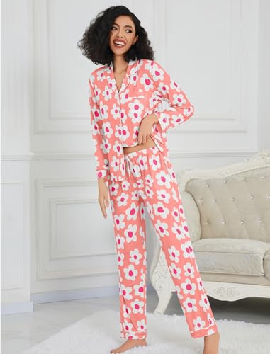 Image of SWOMOG Womens Pajamas Set Long Sleeve Sleepwear Button Down Nightwear Soft Cotton Pj Lounge Sets