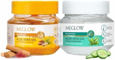 Meglow Summer Skin Care Combo – Transparent + Kesar Chandan Aloe vera Gel for Face, Body & Hair Care | Deep Hydration, Ayurvedic Blend | Vegan, Paraben-Free | Skin & Hair Nourishment | 100gm X 2