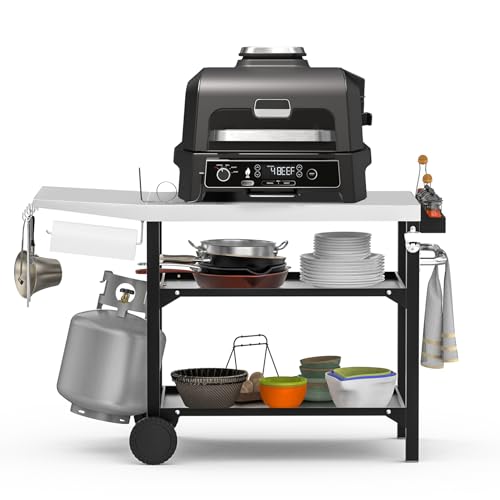 onlyfire Grillwagen 120cm mit Edelstahl Arbeitsplatte, Outdoor Grilltisch 3-Etagen für Pizzaofen und Gasgrill, Rollen und Servierwagen mit Gewürzbox, BBQ-Tisch, Outdoor Grill Trolley