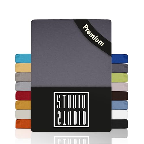 STUDIO Premium Spannbettlaken 90x200cm 90x220cm 100x200cm & 100x220cm Jersey-Spannbetttuch aus 97% Baumwolle & 3% Elastan Grau Öko-Tex Zertifiziert bügelfrei für Matratzen 1535cm