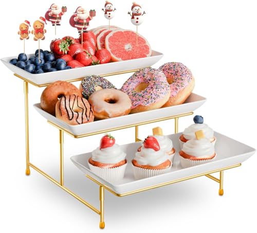 3 Tier Plastic Serving Tray for Party, 11.5" x 5.6" White Platters for Food Presentation Dessert Server Display