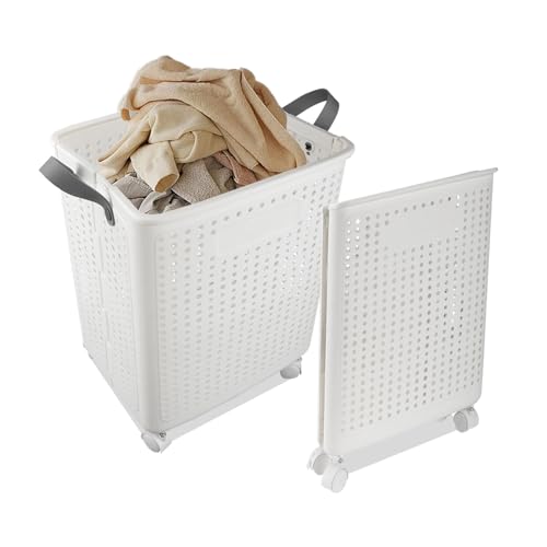 41,5L Panier a Linge Pliable avec Roulettes, 37,7x31x50cm Corbeille a Linge Pliable avec Poignées, Bac a Linge Sale en Plastique Laundry Basket Panier de Rangement pour Salle de Bain, Buanderie