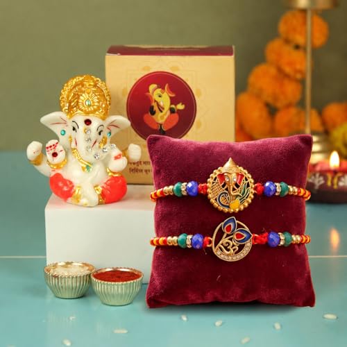 Image of TIED RIBBONS Rakhi Gift for Brother - Pack of 2 Designer Rakhi with Mini Ganesh Idol Figurine and Roli Tika - Rakhi for Brother