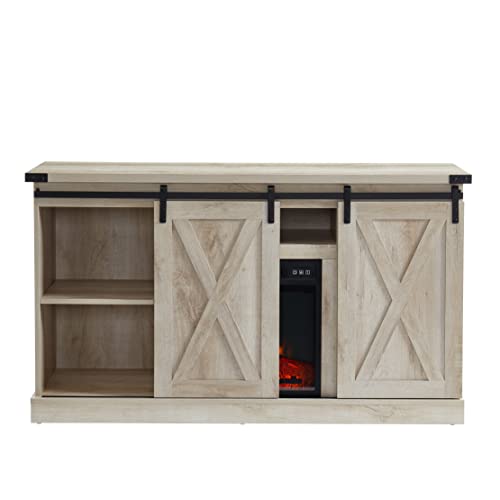 Edyo Living Barn Door Electric Fireplace Tv Stand Console Entertainment Center For Tvs Up To 65" White Oak #TOP2