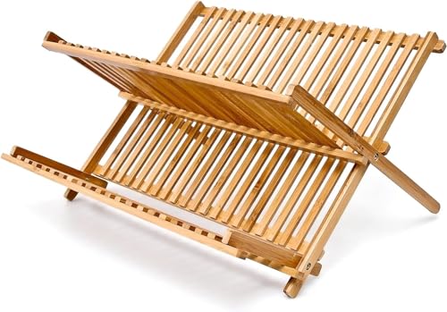 Dish Drainer Drying Rack Folding 2 Tier Drainer Dish Drying Rack Plates Holder Set Engineered Wood X-shape Easily Foldable Compact and Space Saving Tidy Plates