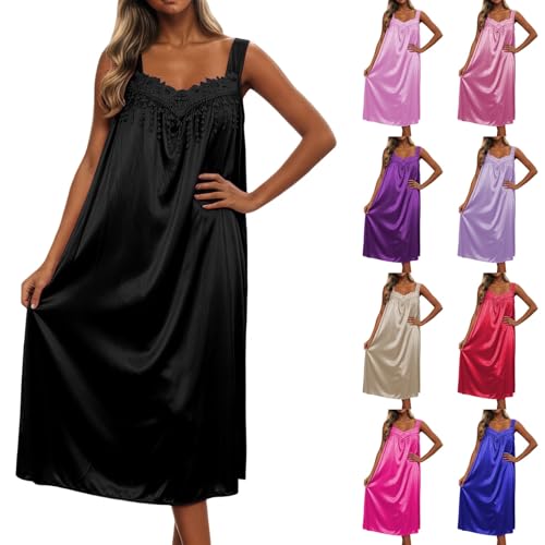YMAMIYO Silk Nightgown For Women Midi Plus Size Sleeveless Lace Trim Sexy Sleepwear V Neck Wide Strap Loose Fit Lounge Dress Black - image 1