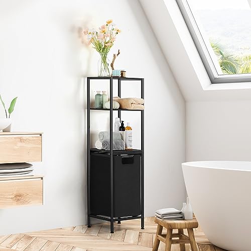 Laundry Hamper with Shelf Black Laundry Basket Organizer, Tall Laundry Sorter Organization with 3 Tier Storage Rack Cabinets and Removable Laundry Bag (45L) for Bathroom, Laundry Room