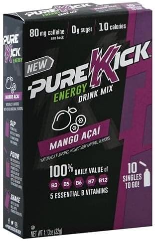 Pure Kick Energy Water Drink Mix, Mango Acai - 120 Count - Sugar-Free, Naturally Flavored With Other Natural Flavors, 5 Essential B Vitamins & 80 Mg of Caffeine