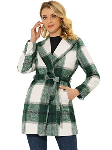Image of Allegra K Women Plaid Belted Shawl Collar Tie Waist Wrap Overcoat
