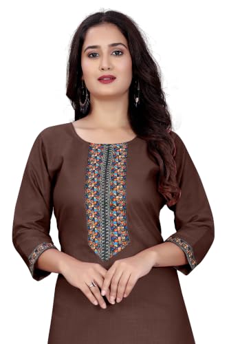 Image of Women A-line Cotton Blend Round Neck 3 /4 Sleeve Embroidered Kurti Only