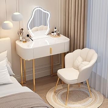Makeup Table with Flip Top Mirror and Removable Storage Padded Seat Stool Led Smart Glass Dressing Table Chair Set,Modern Vanity Desk with Mirror & Lights Wooden Makeup Table with Drawers 3