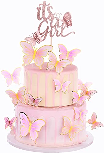 New Double Sided Rose Gold Butterfly Cake Topper Set, It's A Girl Cake Topper And 16 Pieces Pink Butterflies Cupcake Toppers For Baby Girl Baby Shower Party Decorations #TOP21
